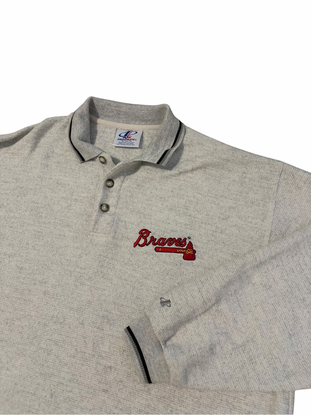VTG Logo Athletic Atlanta Braves Polo Sweatshirt Pullover Mens XL Gray 90s